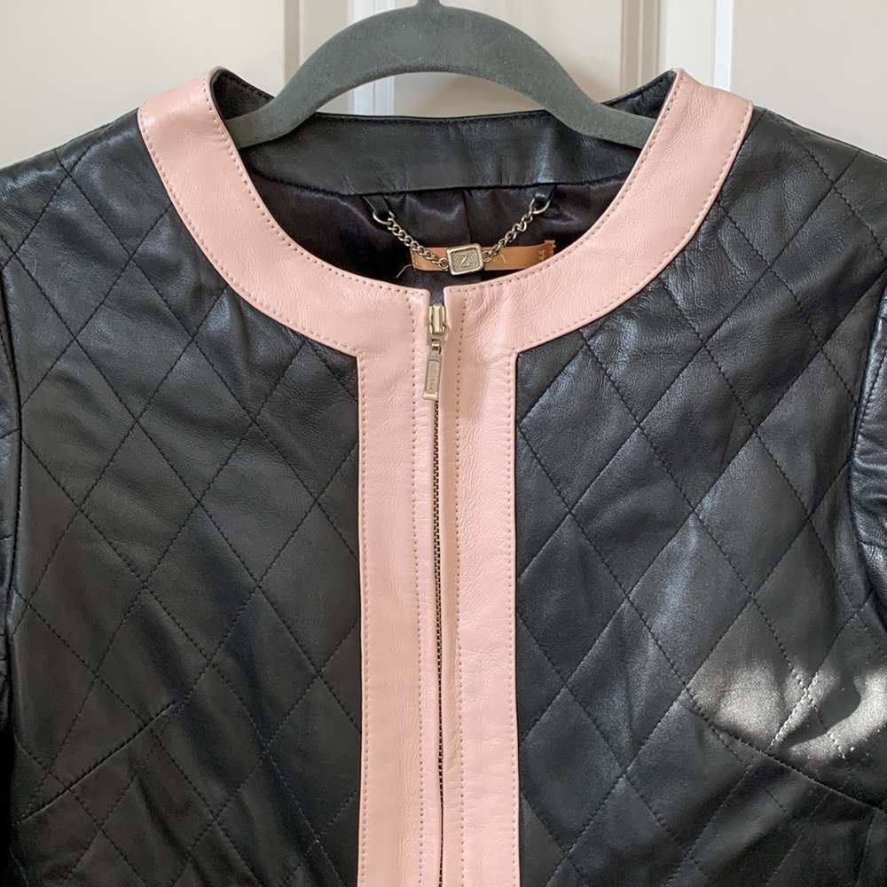 Zarina | Black Pink Faux Leather Quilted Lined Moto Zipper Jacket Blazer EU 44 - Picture 4 of 17